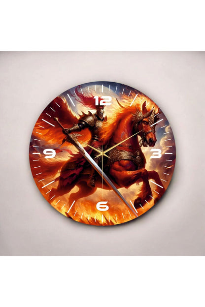 Renkli Baskı At Savaşcı Desenli Sayılı Hediyelik Ahşap Sessiz Tablo Duvar Saati