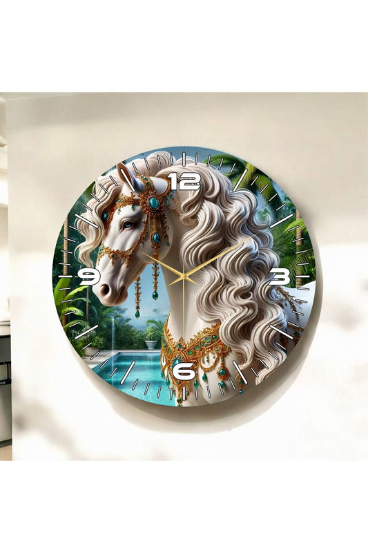 Renkli Baskı At Desenli Sayılı Hediyelik Ahşap Sessiz Tablo Duvar Saati