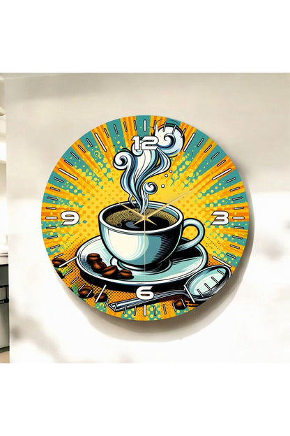 Kahve Fincanı Renkli Baskı Desenli Sayılı Hediyelik Ahşap Sessiz Tablo Duvar Saati