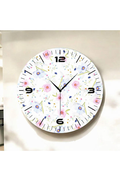 Renkli Baskı Çiçek Desenli Sayılı Hediyelik Ahşap Sessiz Tablo Duvar Saati