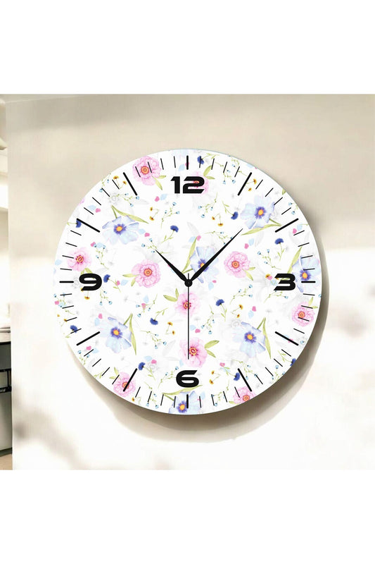 Renkli Baskı Çiçek Desenli Sayılı Hediyelik Ahşap Sessiz Tablo Duvar Saati