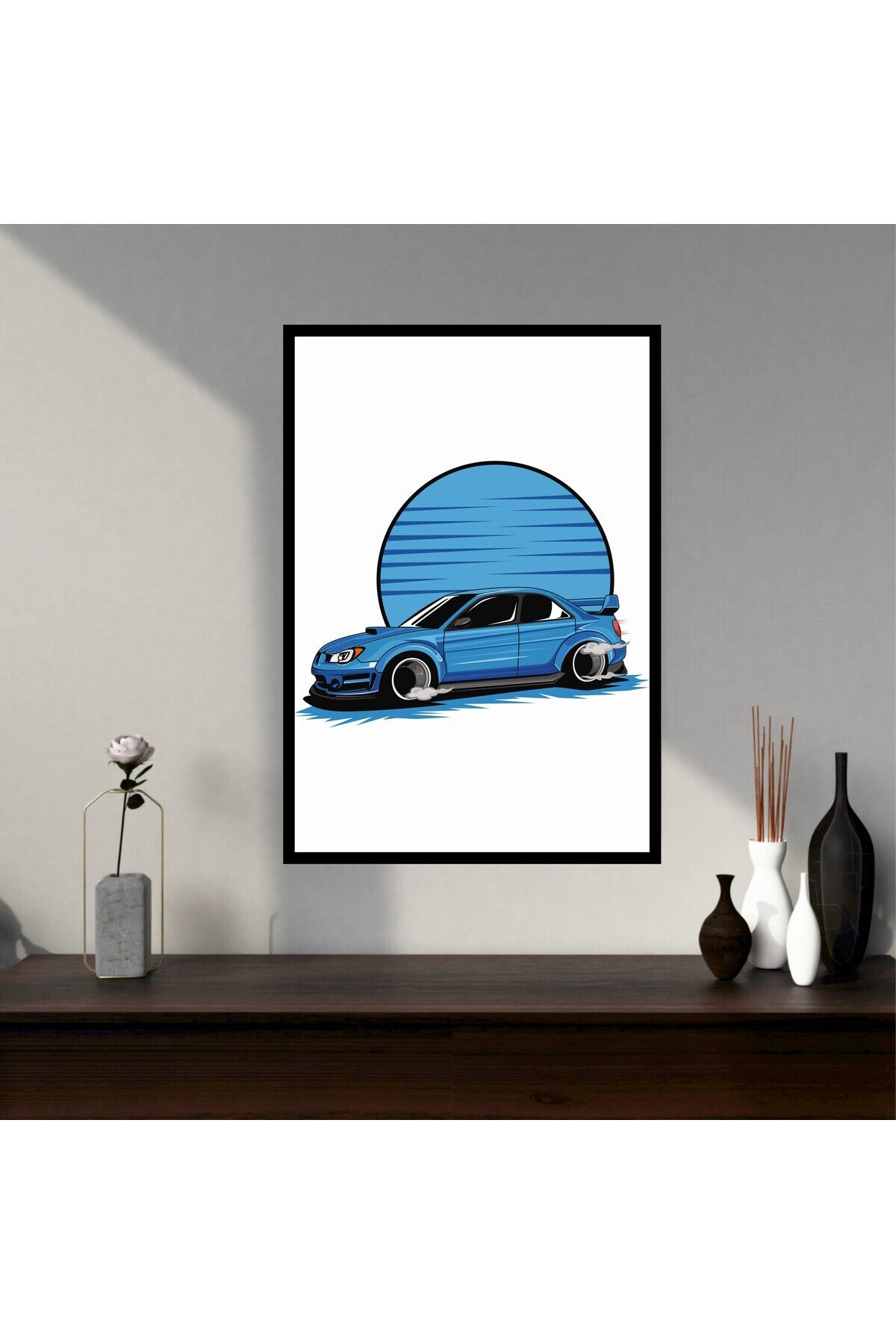 Mavi Araba Büyük Boy Renkli Solmaz Kaliteli Baskı Çerçeve Görünümlü MDF Tablo 70x50cm 261