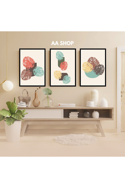 3 Parça Çiçek Yaprak Renkli Solmaz Kaliteli Baskı Çerçeve Görünümlü MDF Tablo Set 65