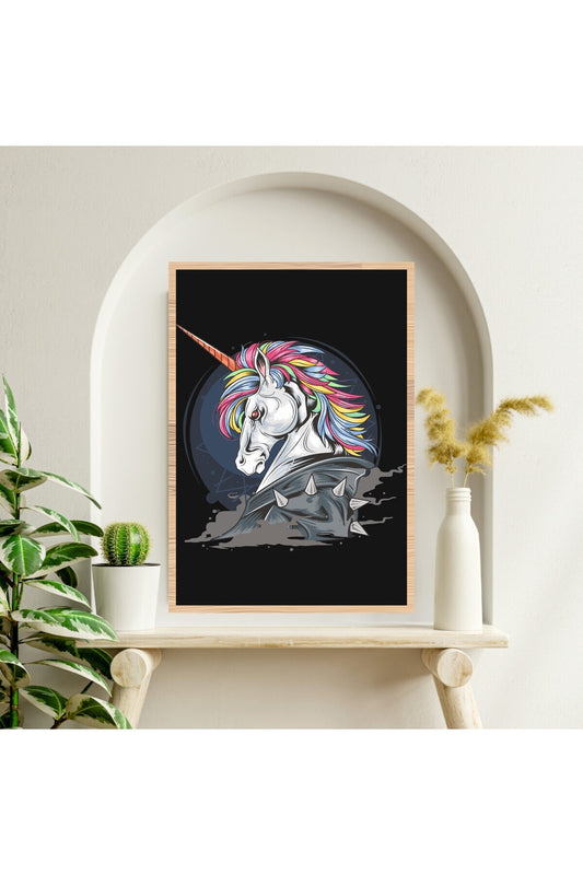 Unicorn At Büyük Boy Renkli Solmaz Kaliteli Baskı Çerçeve Görünümlü MDF Tablo 70x50cm 196