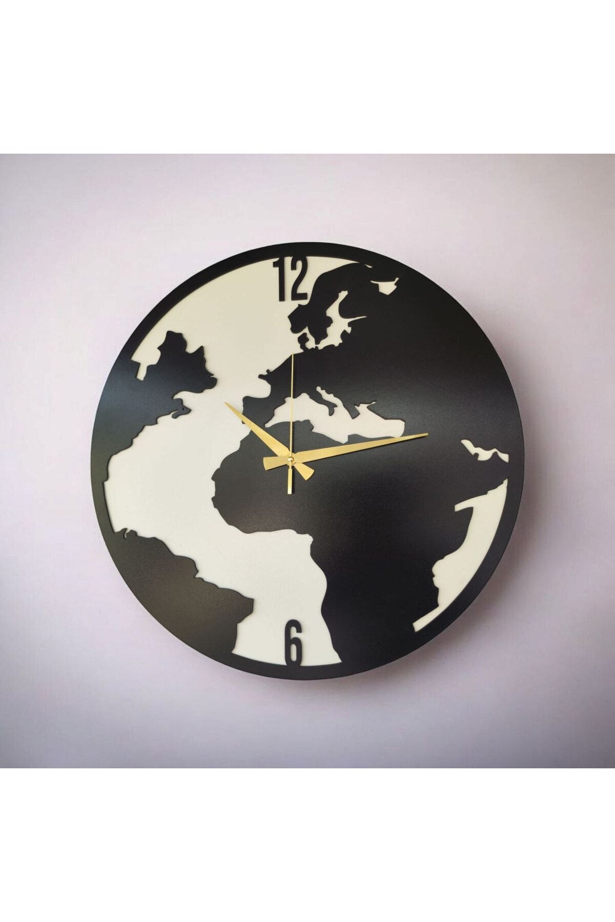 Dünya Haritası Ahşap Siyah Renk Sade Sayılı Hediyelik Sessiz Duvar Saati 50cm