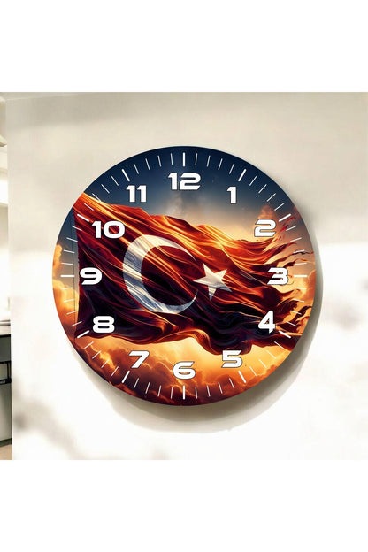 Renkli Baskı Türk Bayrağı Desenli Sayılı Hediyelik Ahşap Sessiz Tablo Duvar Saati
