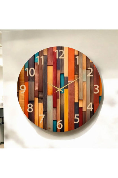 Modern Renkli Baskı Ahşap Desenli Sayılı Hediyelik Ahşap Sessiz Tablo Duvar Saati