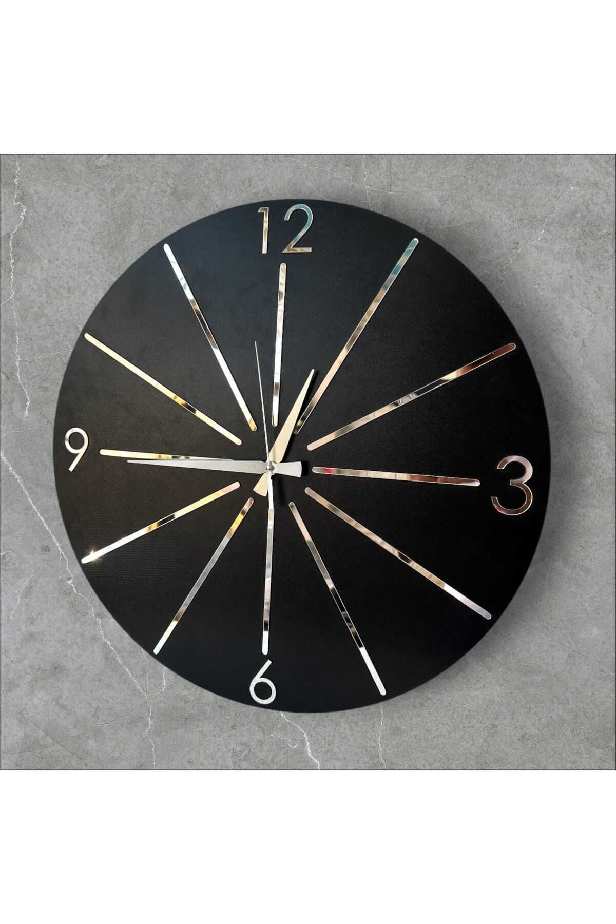 Siyah Renk Gold Gri Aynalı Çizgi Desenli Sessiz Hediyelik Ahşap Dekoratif Ev Ofis Duvar Saati 50cm