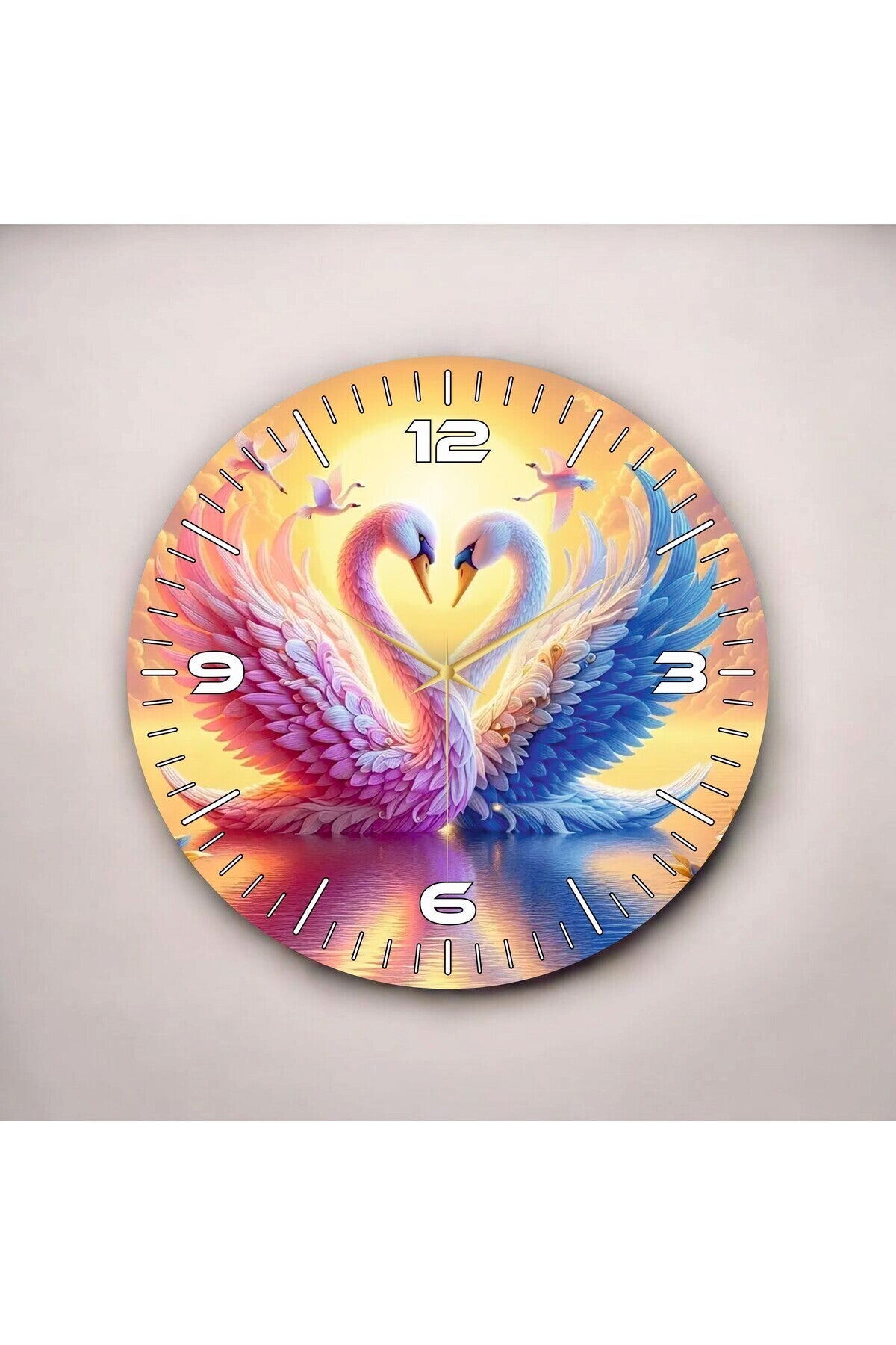Renkli Baskı Kuğu Aşk Desenli Sayılı Hediyelik Ahşap Sessiz Tablo Duvar Saati 50cm