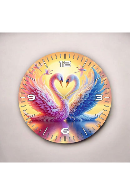 Renkli Baskı Kuğu Aşk Desenli Sayılı Hediyelik Ahşap Sessiz Tablo Duvar Saati 50cm