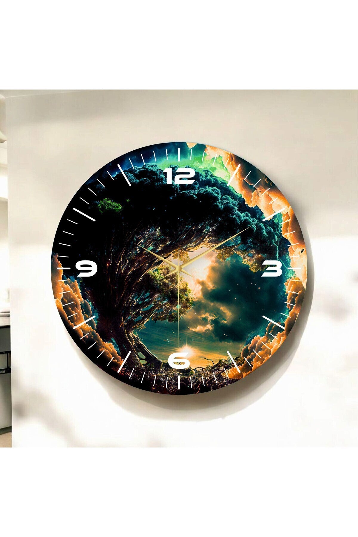 Renkli Baskı Doğa Desenli Sayılı Hediyelik Ahşap Sessiz Tablo Duvar Saati