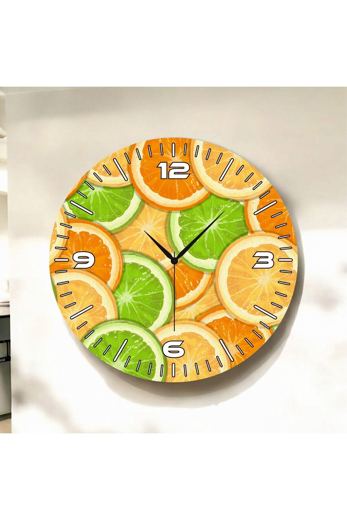 Meyve Temalı Renkli Baskı Portakal Desenli Sayılı Hediyelik Ahşap Sessiz Tablo Duvar Saati