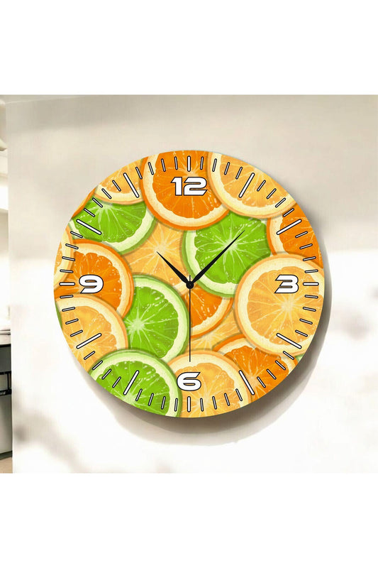 Meyve Temalı Renkli Baskı Portakal Desenli Sayılı Hediyelik Ahşap Sessiz Tablo Duvar Saati