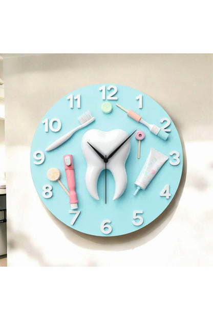 Diş Tasarımlı Kabartma Görünümlü Renkli Baskı Desenli Sayılı Hediyelik Ahşap Sessiz Duvar Saati