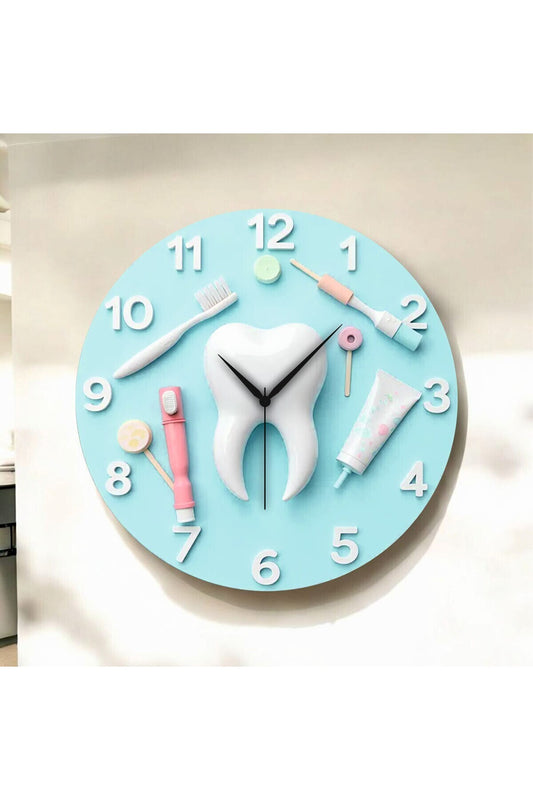 Diş Tasarımlı Kabartma Görünümlü Renkli Baskı Desenli Sayılı Hediyelik Ahşap Sessiz Duvar Saati