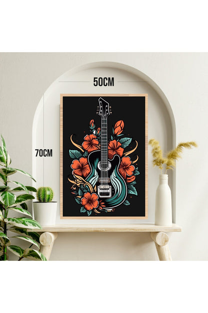 Gitar Çiçek Büyük Boy Renkli Solmaz Kaliteli Baskı Çerçeve Görünümlü MDF Tablo 70x50cm 211