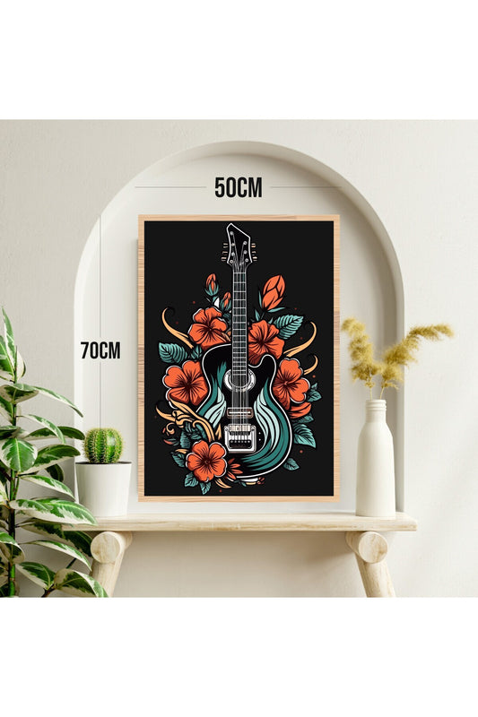 Gitar Çiçek Büyük Boy Renkli Solmaz Kaliteli Baskı Çerçeve Görünümlü MDF Tablo 70x50cm 211