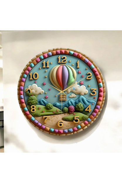 Uçan Balon Tasarımlı Renkli Baskı Desenli Sayılı Hediyelik Ahşap Sessiz Tablo Duvar Saati