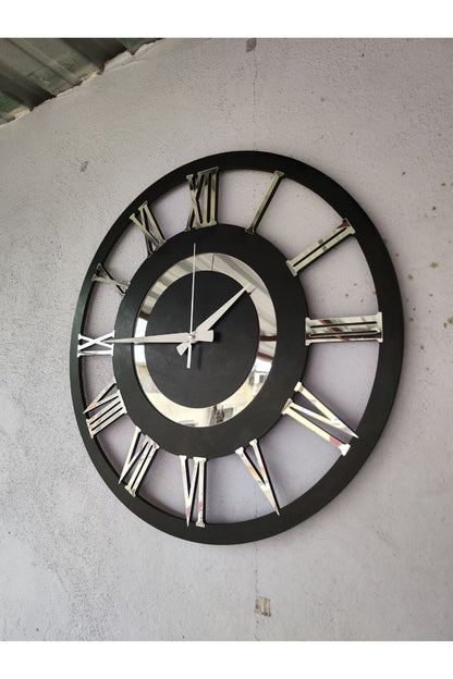 Siyah Renk Gümüş Sayılı Hediyelik Ahşap Dekoratif Farklı Desenli Ev Hediyelik Duvar Saati 50cm