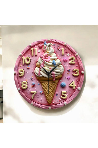 Renkli Baskı Dondurma Desenli Sayılı Hediyelik Ahşap Sessiz Tablo Duvar Saati