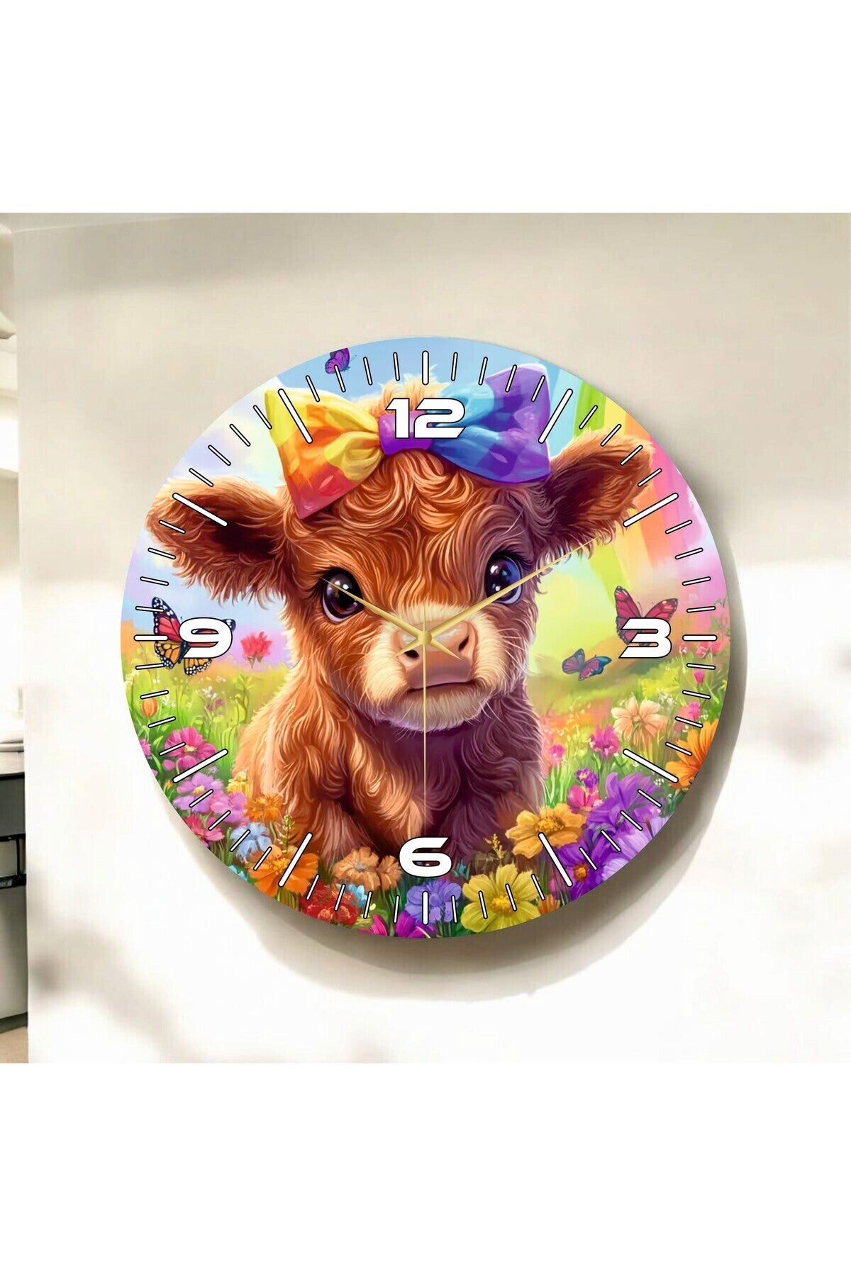 Renkli Baskı İnek Çocuk Desenli Sayılı Hediyelik Ahşap Sessiz Tablo Duvar Saati 50cm