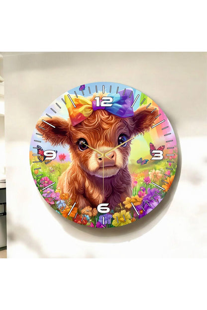 Renkli Baskı İnek Çocuk Desenli Sayılı Hediyelik Ahşap Sessiz Tablo Duvar Saati 50cm