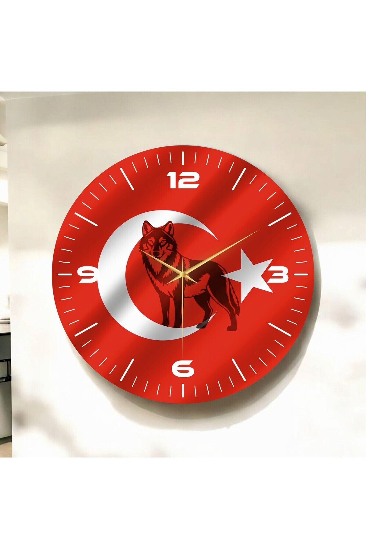 Kırmızı Renkli Baskı Bozkurt Türk Bayrağı Desenli Sayılı Hediyelik Ahşap Sessiz Duvar Saati