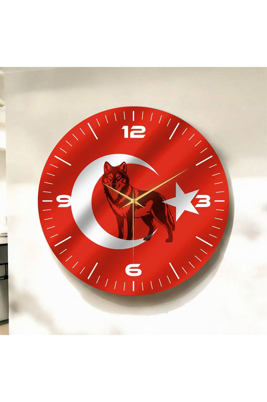 Kırmızı Renkli Baskı Bozkurt Türk Bayrağı Desenli Sayılı Hediyelik Ahşap Sessiz Duvar Saati