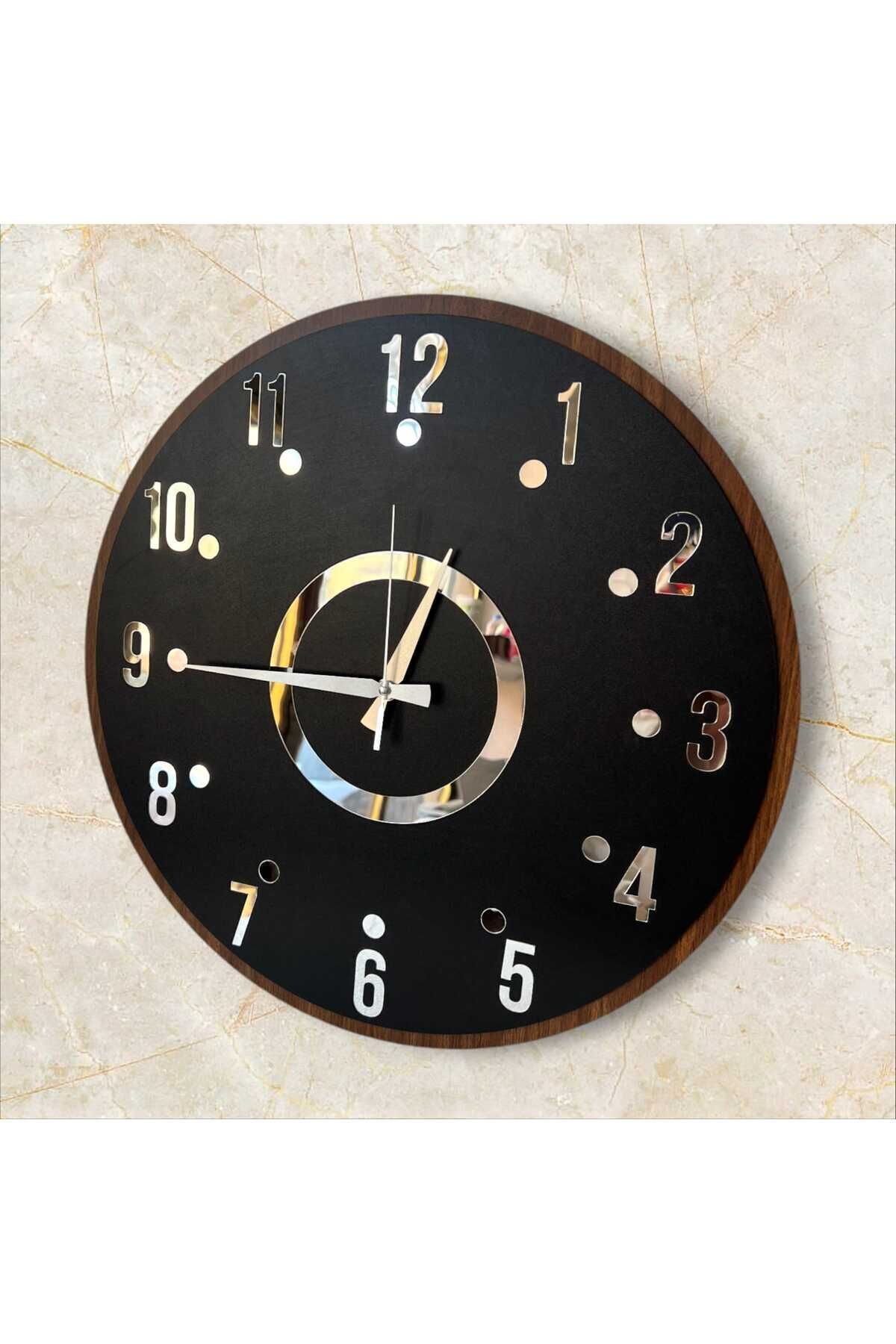 Siyah Renk Gold Gri Aynalı Sayılı Sessiz Hediyelik Ahşapanneler Günü Hediye Duvar Saati 50cm