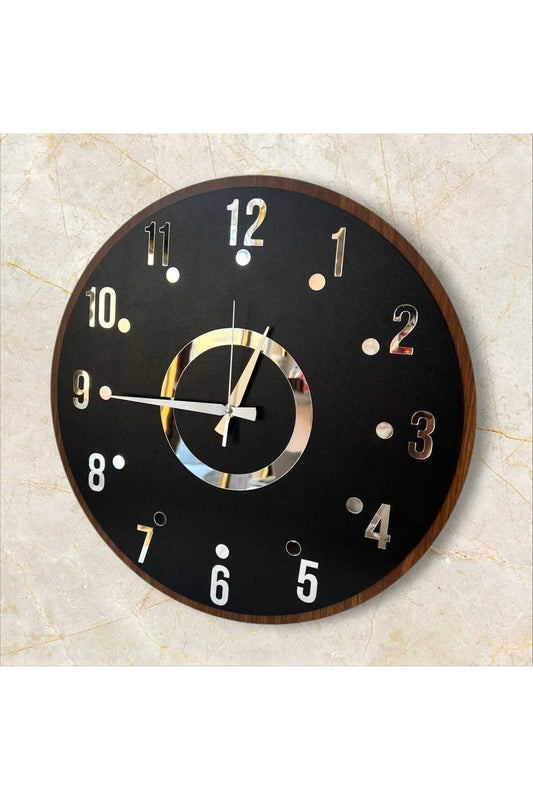 Siyah Renk Gold Gri Aynalı Sayılı Sessiz Hediyelik Ahşapanneler Günü Hediye Duvar Saati 50cm