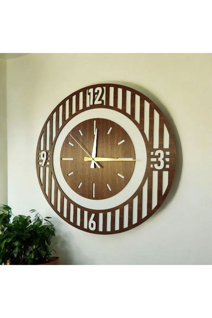 Beyaz Ceviz Ahşap Renk Desenli Sayılı Hediyelik Sessiz Duvar Saati 50cm