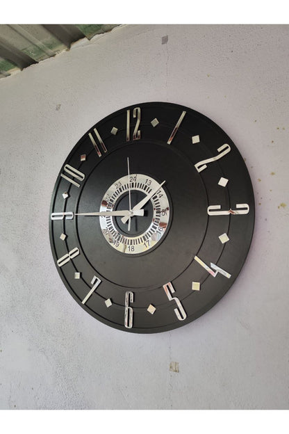 Siyah Renk Gümüş Sayılı Hediyelik Ahşap Dekoratif Farklı Desenli Ev Hediyelik Duvar Saati 50cm