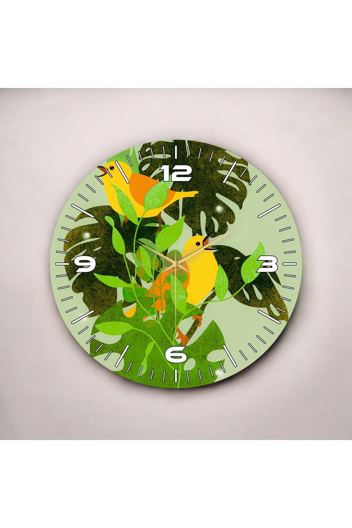 Renkli Baskı Kuş ve Yaprak Desenli Sayılı Hediyelik Ahşap Sessiz Tablo Duvar Saati