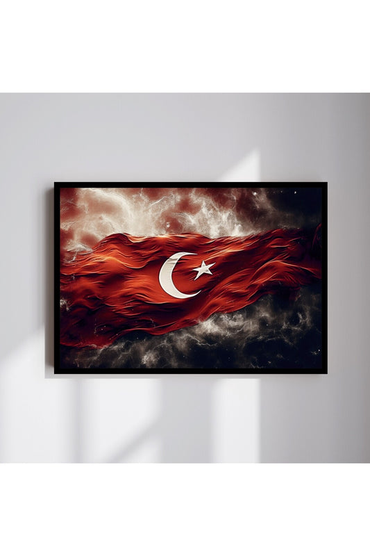 Türk Bayrağı Büyük Boy Renkli Solmaz Kaliteli Baskı Çerçeve Görünümlü MDF Tablo 70x50cm 173
