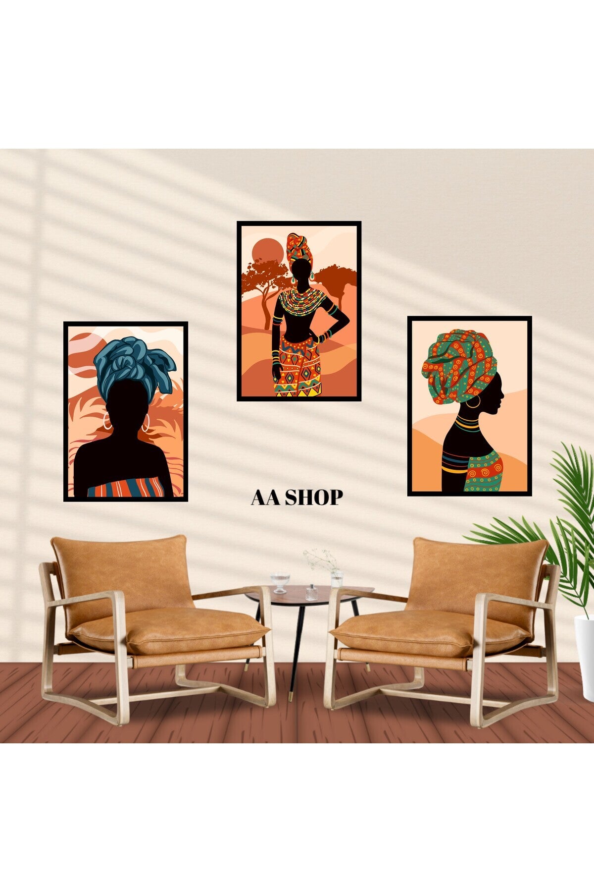 3 Parça Afrika Kadın Renkli Solmaz Kaliteli Baskı Çerçeve Görünümlü MDF Tablo Set 95