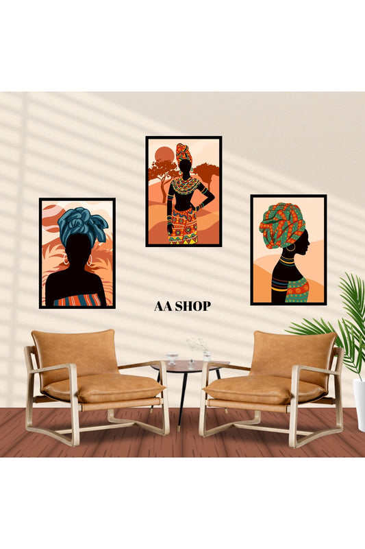 3 Parça Afrika Kadın Renkli Solmaz Kaliteli Baskı Çerçeve Görünümlü MDF Tablo Set 95