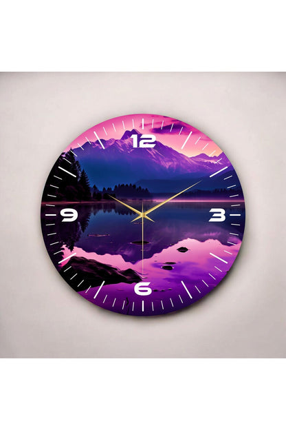 Göl Manzaralı Mor Renkli Baskı Desenli Sayılı Hediyelik Ahşap Sessiz Tablo Duvar Saati