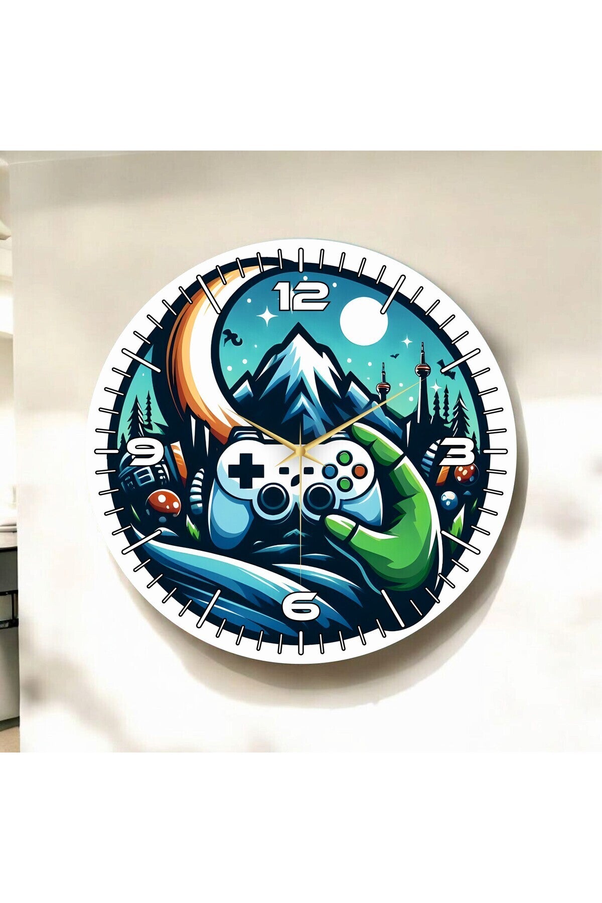 Gamer Oyuncu Renkli Baskı Desenli Sayılı Hediyelik Ahşap Sessiz Tablo Duvar Saati