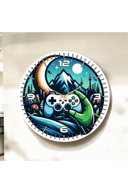 Gamer Oyuncu Renkli Baskı Desenli Sayılı Hediyelik Ahşap Sessiz Tablo Duvar Saati