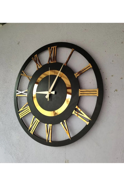 Siyah Ve Ceviz Renk Gold Sayılı Hediyelik Ahşap Dekoratif Farklı Desenli Ev Duvar Saati 50cm
