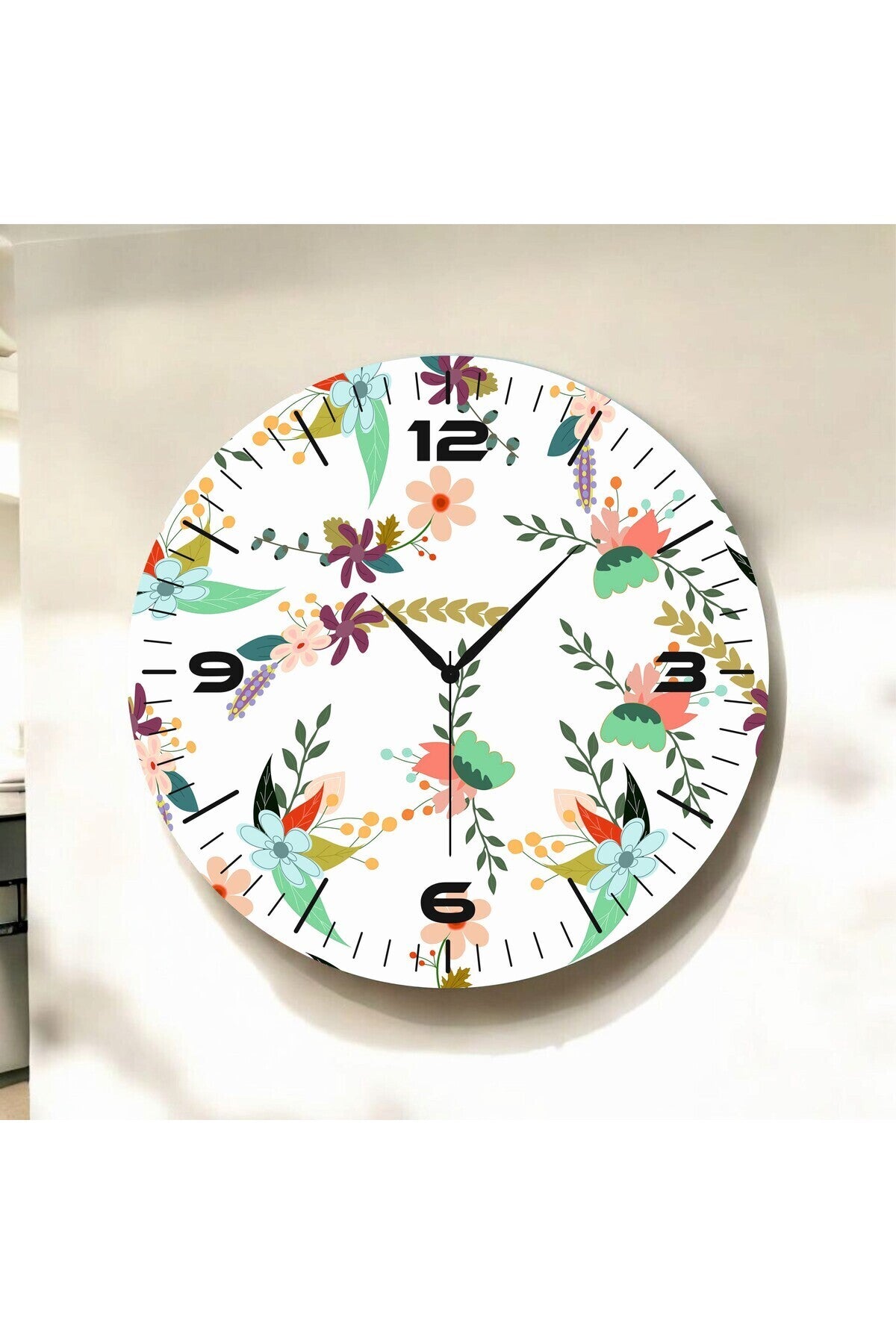 Beyaz Renkli Baskı Çiçek Desenli Sayılı Hediyelik Ahşap Sessiz Tablo Duvar Saati