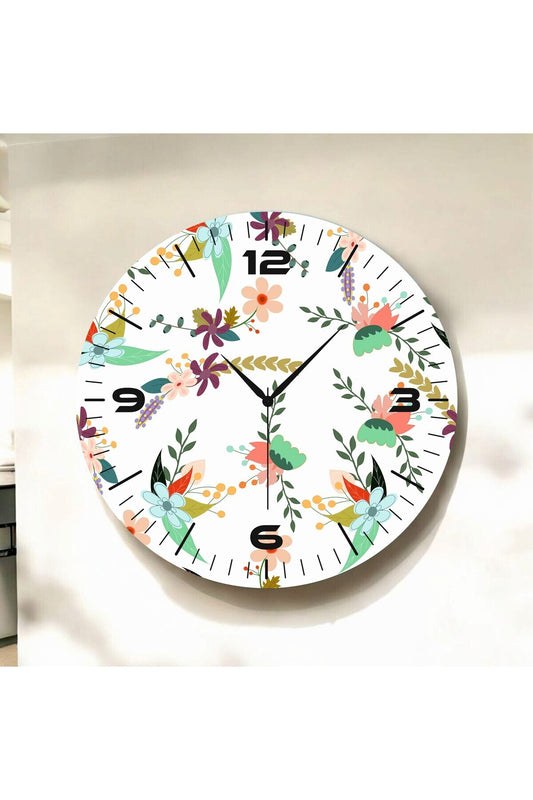 Beyaz Renkli Baskı Çiçek Desenli Sayılı Hediyelik Ahşap Sessiz Tablo Duvar Saati