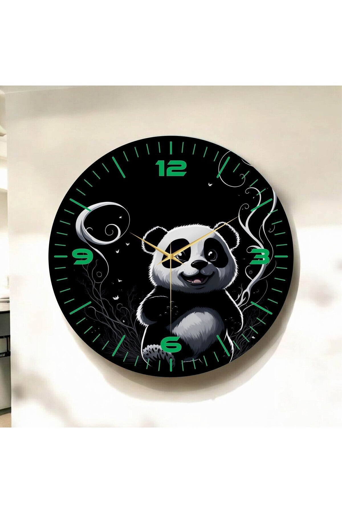 Renkli Baskı Panda Desenli Sayılı Hediyelik Ahşap Sessiz Tablo Duvar Saati