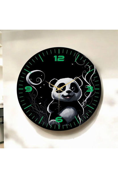 Renkli Baskı Panda Desenli Sayılı Hediyelik Ahşap Sessiz Tablo Duvar Saati