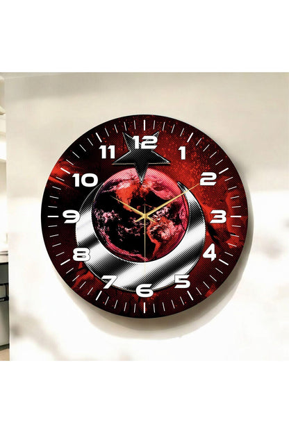 Renkli Baskı Türk Bayrak Desenli Sayılı Hediyelik Ahşap Sessiz Tablo Duvar Saati