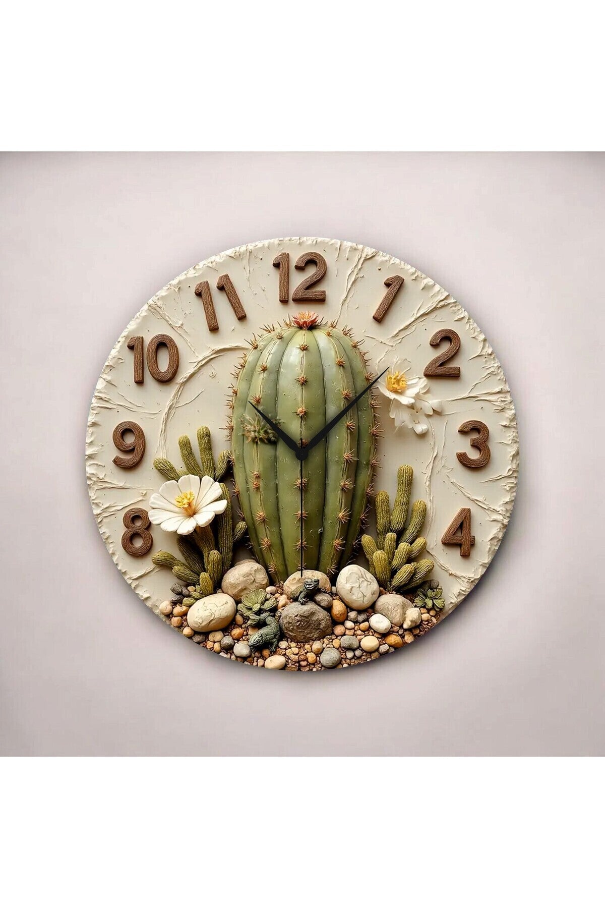Renkli Baskı Kaktüs Bitki Desenli Sayılı Hediyelik Ahşap Sessiz Tablo Duvar Saati