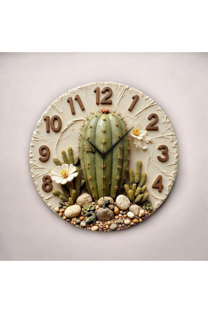 Renkli Baskı Kaktüs Bitki Desenli Sayılı Hediyelik Ahşap Sessiz Tablo Duvar Saati