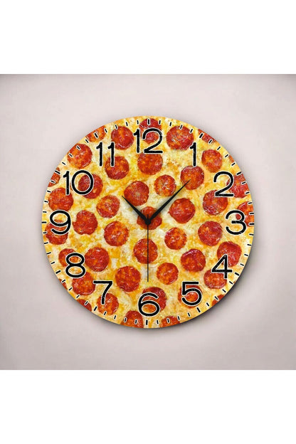 Pizza Görünümlü Renkli Baskı Desenli Sayılı Hediyelik Ahşap Sessiz Tablo Duvar Saati