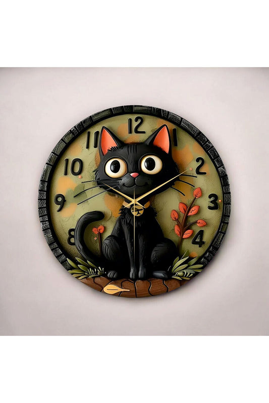 Renkli Baskı Kedi Çocuk Desenli Sayılı Hediyelik Ahşap Sessiz Tablo Duvar Saati