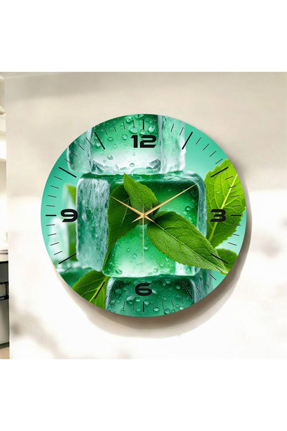 Yeşil Renkli Baskı Buz ve Nane Desenli Sayılı Hediyelik Ahşap Sessiz Tablo Duvar Saati